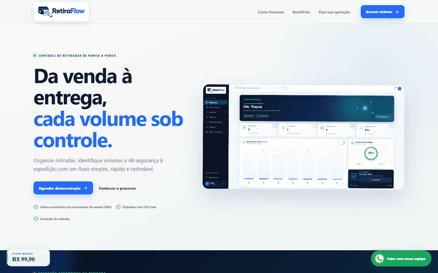 Página inicial do site Retira Flow no computador